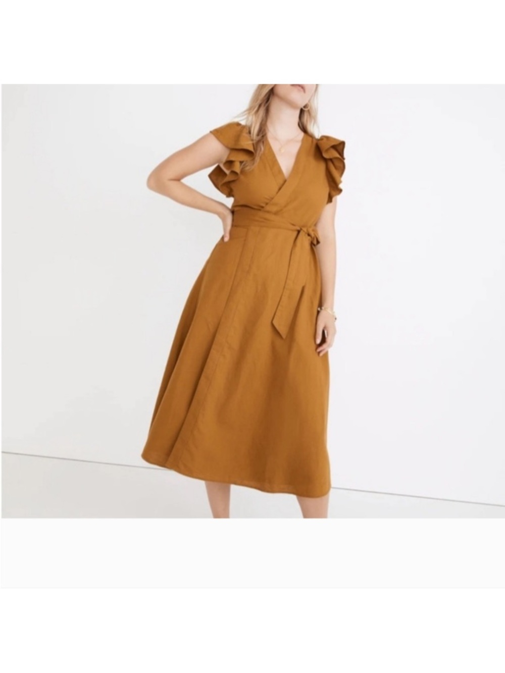Madewell Ruffle-Sleeve Midi Dress in Mustard